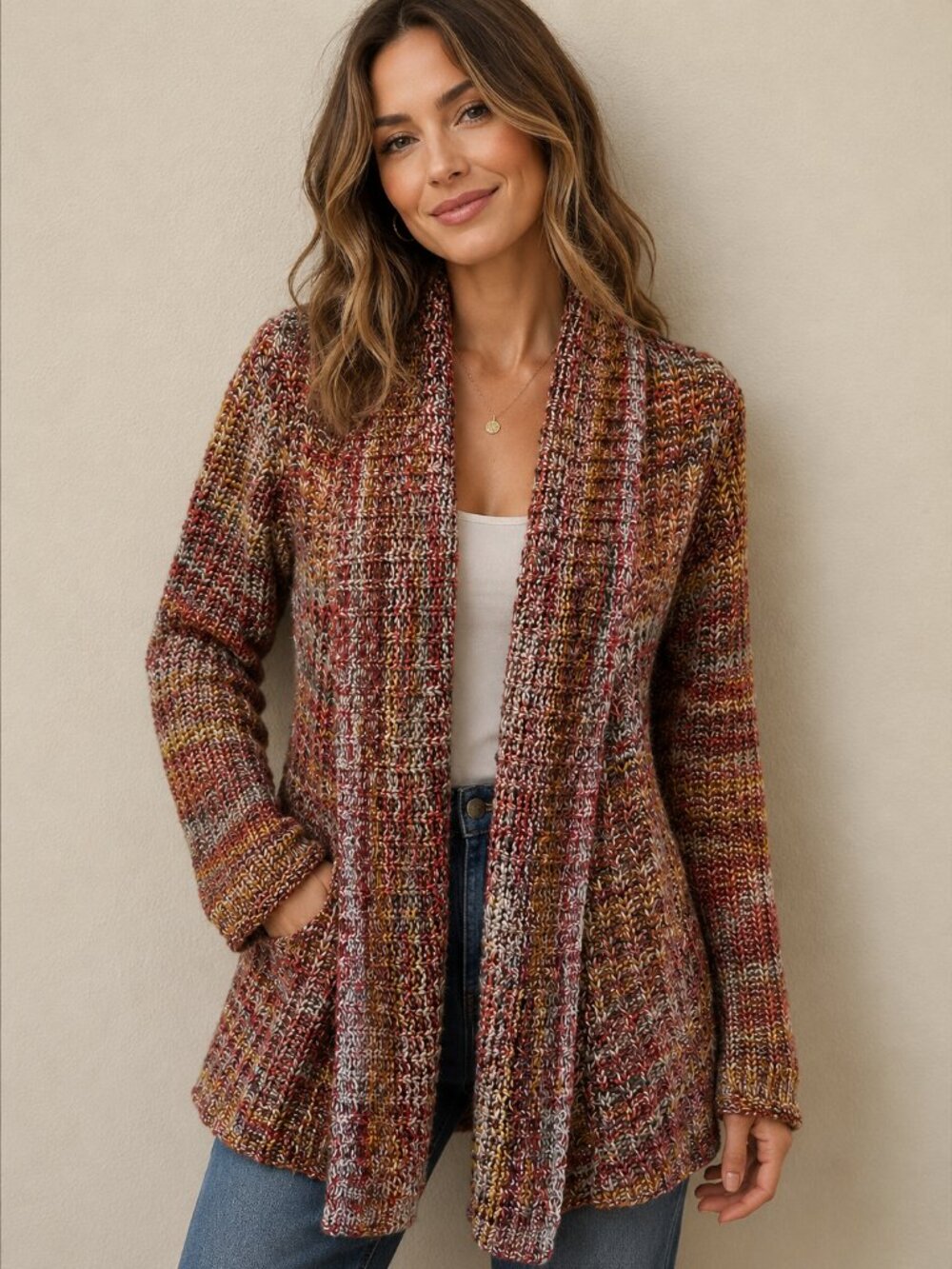 Womens Cardigan M Multicolor Open Knit Sweater Long Sleeve Festival Boho